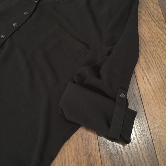 Women's Le Chateau Button Tab Sleeve Sheer dark gray Tunic Blouse Shirt - Picture 8 of 12